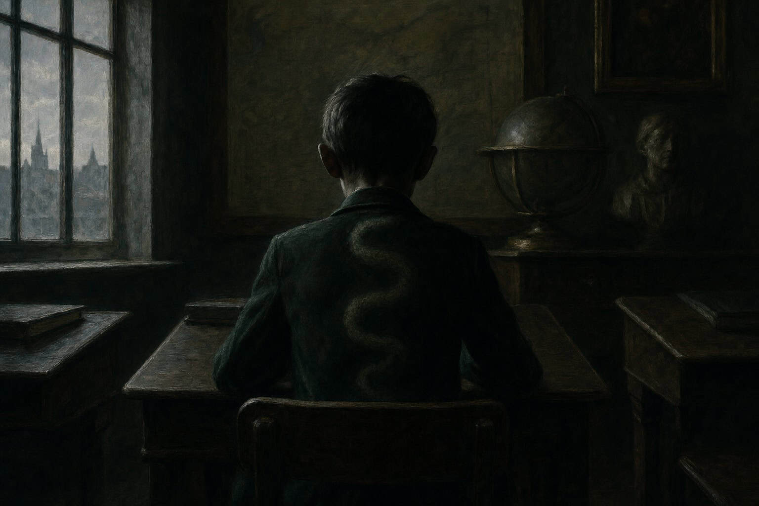 A young boy sits on a stool, intently reading a scroll, with a warm candlelight illuminating his focused expression.
