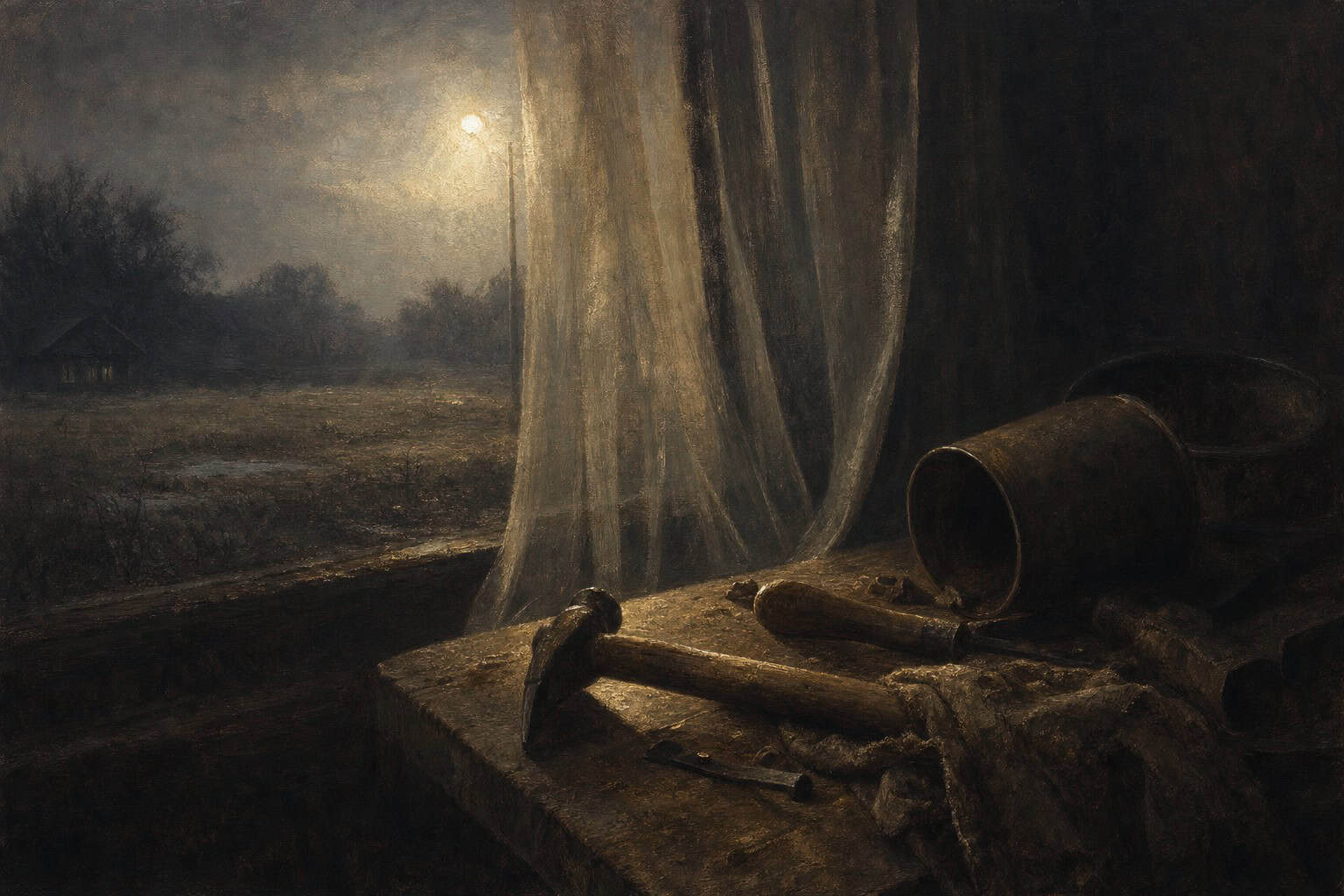 abandoned tools in an empty field at dusk — Fractions of the Soul by Anthony Adore