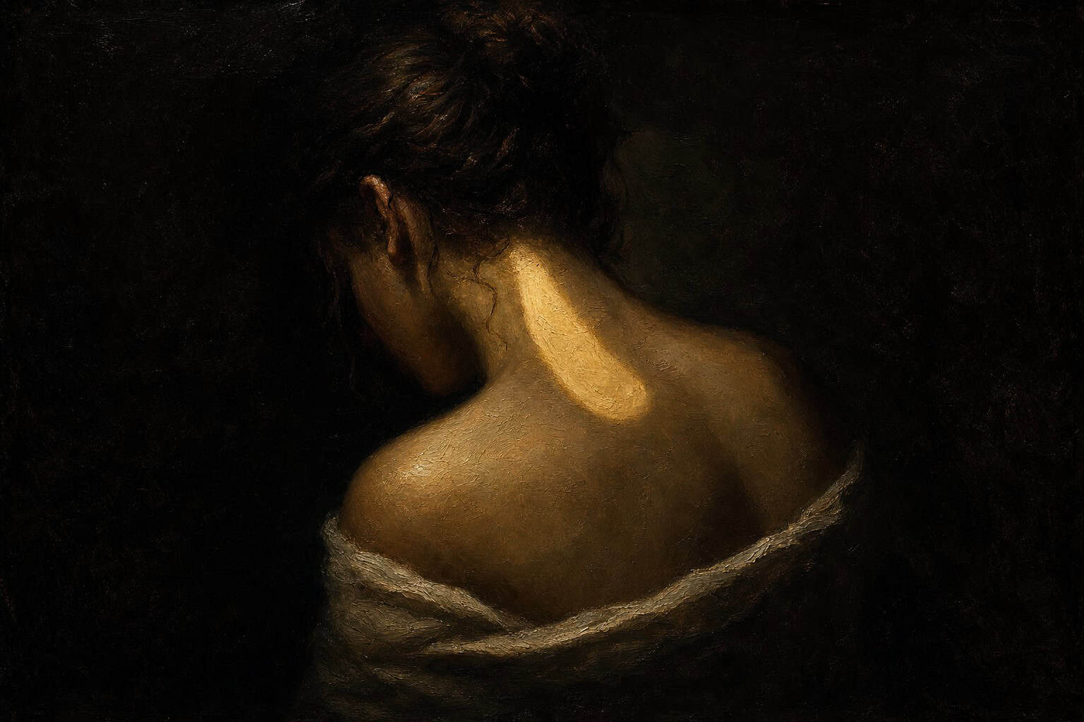 A figure turned away in three-quarter profile, shoulders curved inward, a single golden tear of light along the bent neck — a painterly chiaroscuro oil painting evoking the attunement of Shame, by Anthony Adoré.
