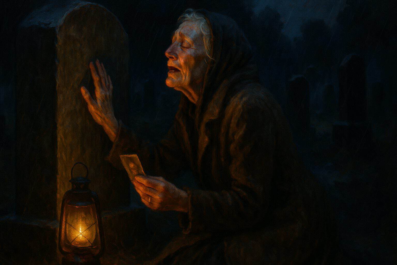 Elderly widow kneeling at a rain-wet grave, hand on the stone, grief opening into tender release
