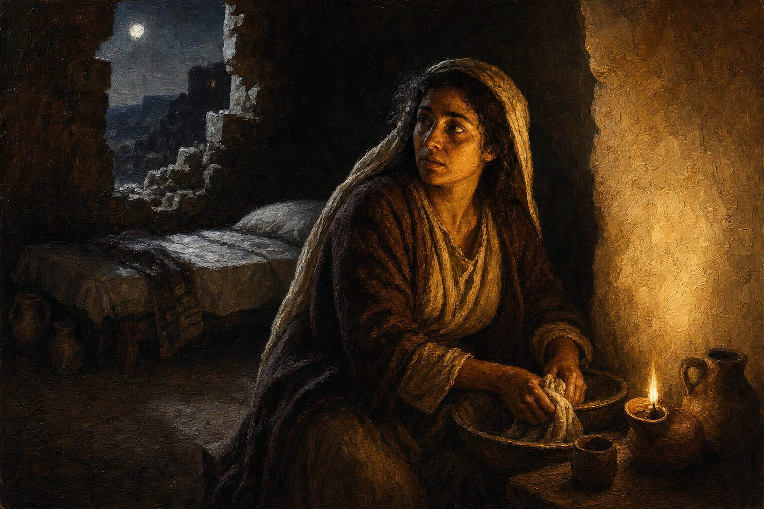 A dim sleeping chamber seen as a half-collapsed stone structure, moonlight on an empty bed, dim and ash tones