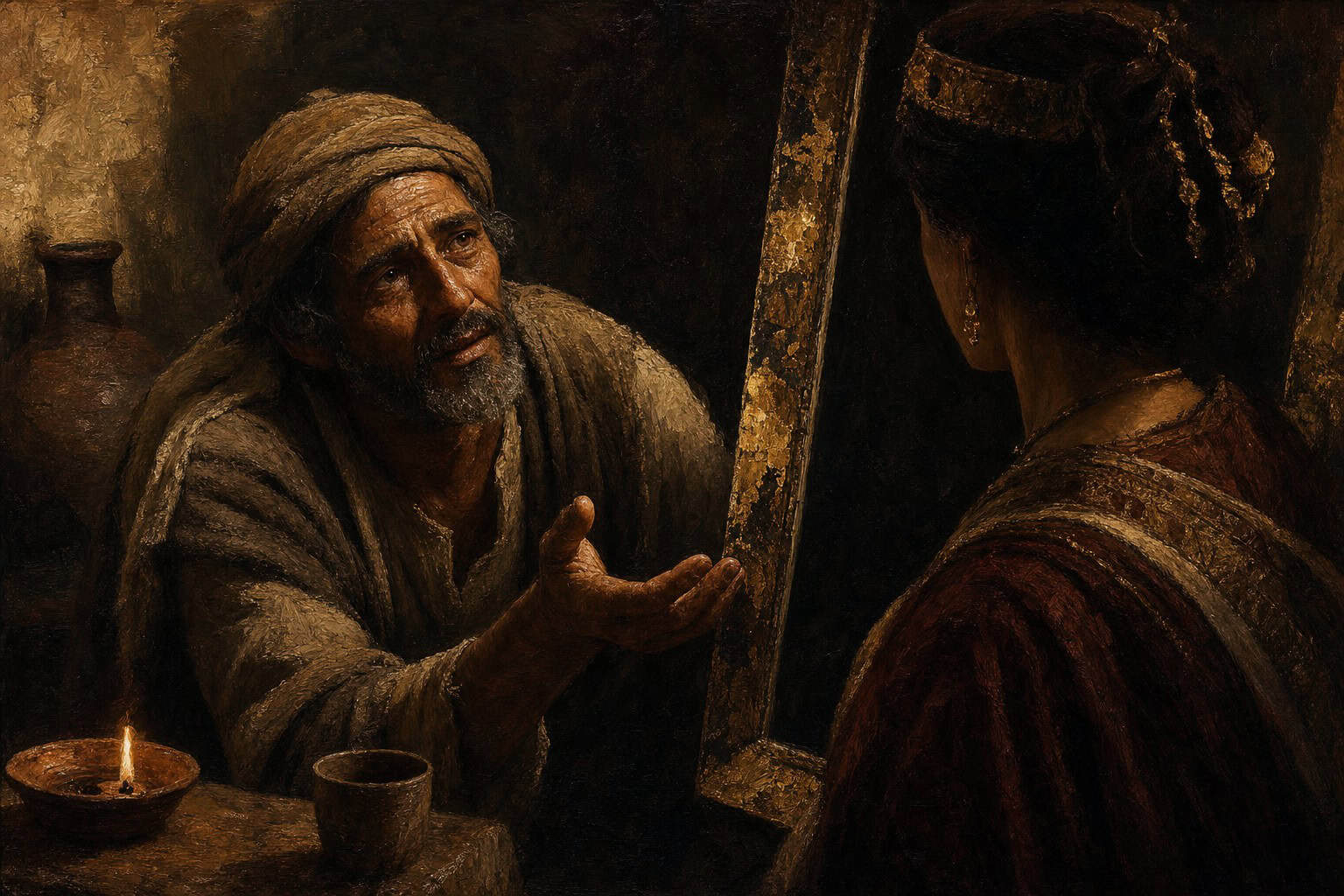 A young man in dim light gazing at an elegantly dressed woman whose face is turned into shadow