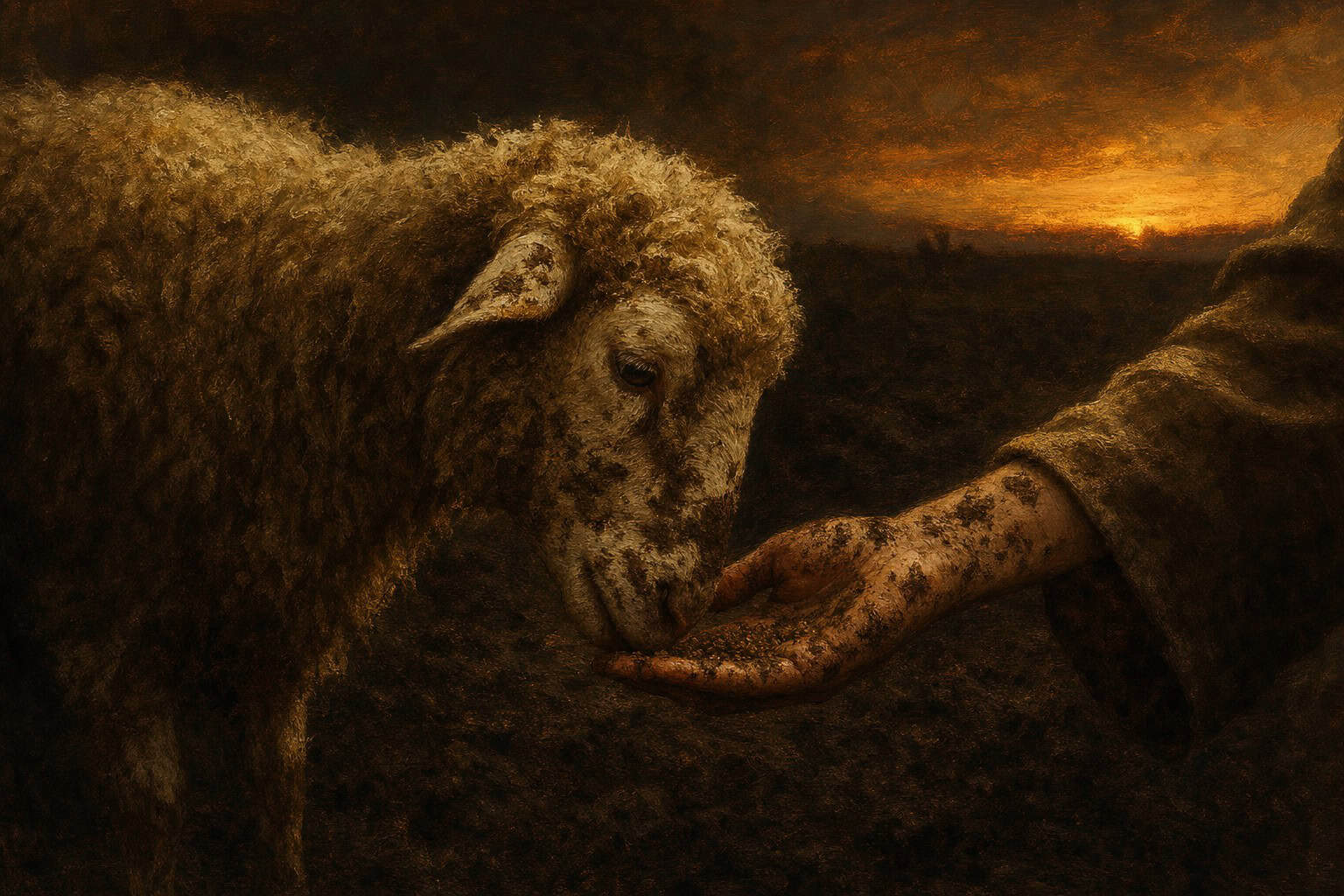 a single sheep eating from a reluctant outstretched hand, both splattered with mud — Confessions to the Empty Chair by Anthony Adore