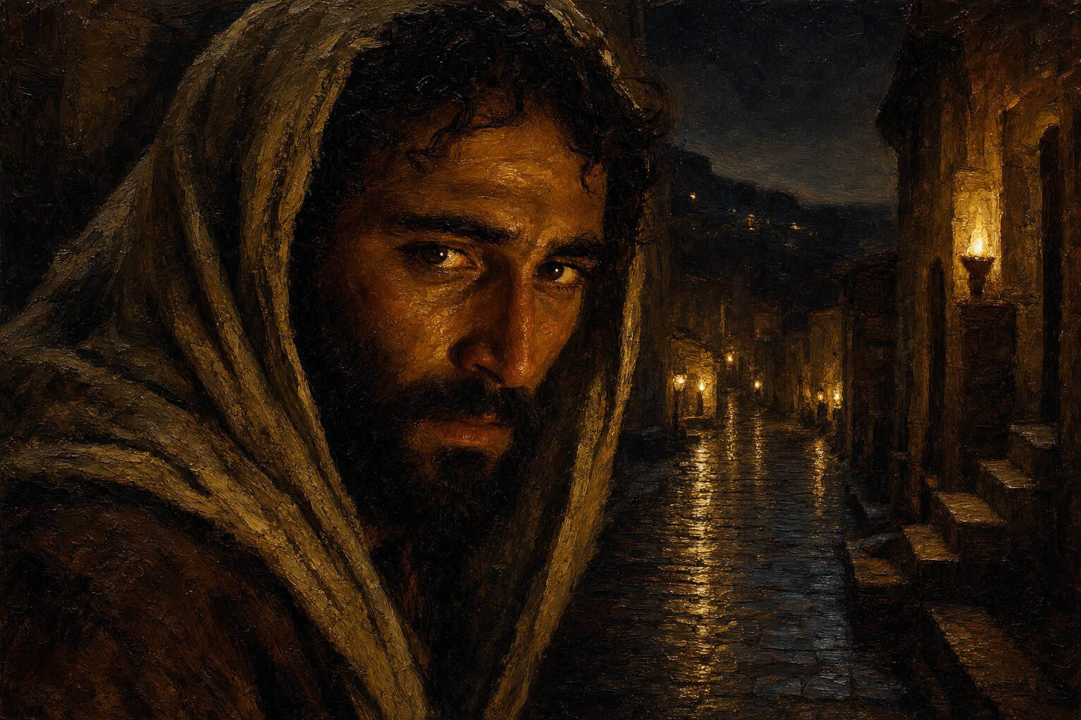 A solitary figure on a rain-slicked city a stone street at night, lamplit reflections underfoot