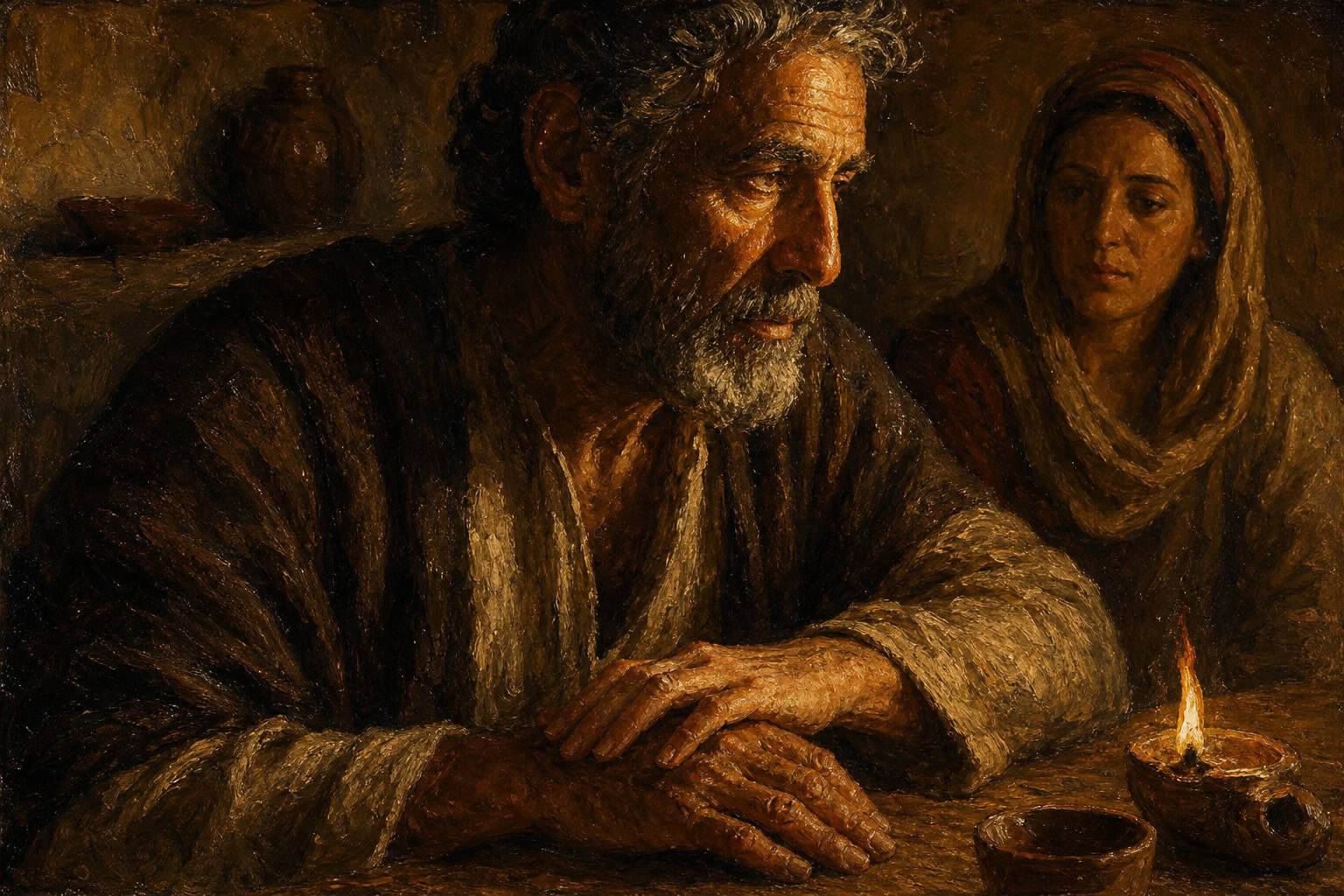 A dim interior where one hand rests over another on a wooden table, half tenderness and half restraint
