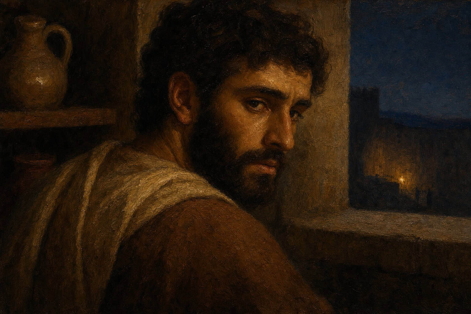 A young man alone in a dim room at night, back turned, a high stone wall rising just beyond the window