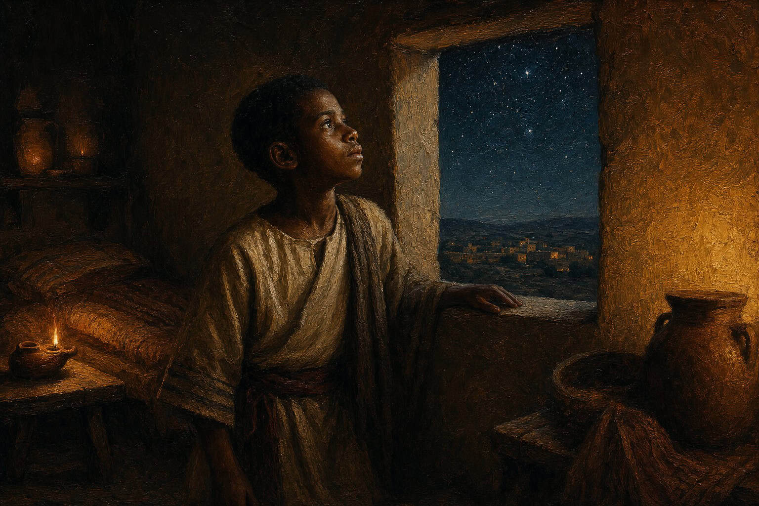 A small boy alone in a large dim sleeping chamber at dusk, staring up through a window at a vast starry sky