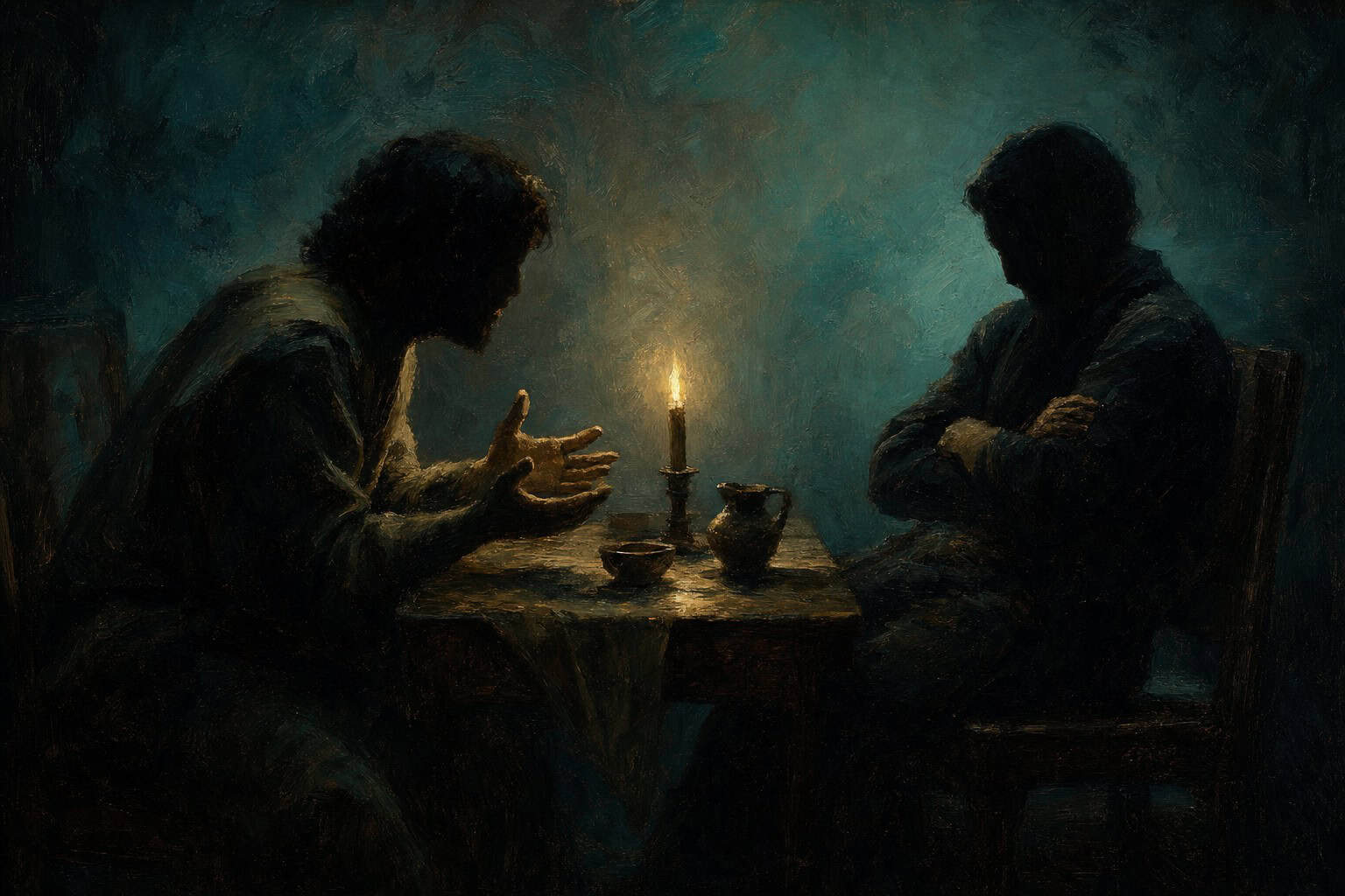 Two figures at a small table, one leaning forward with open hands, the other leaned back with crossed arms — Confessions to the Empty Chair by Anthony Adore