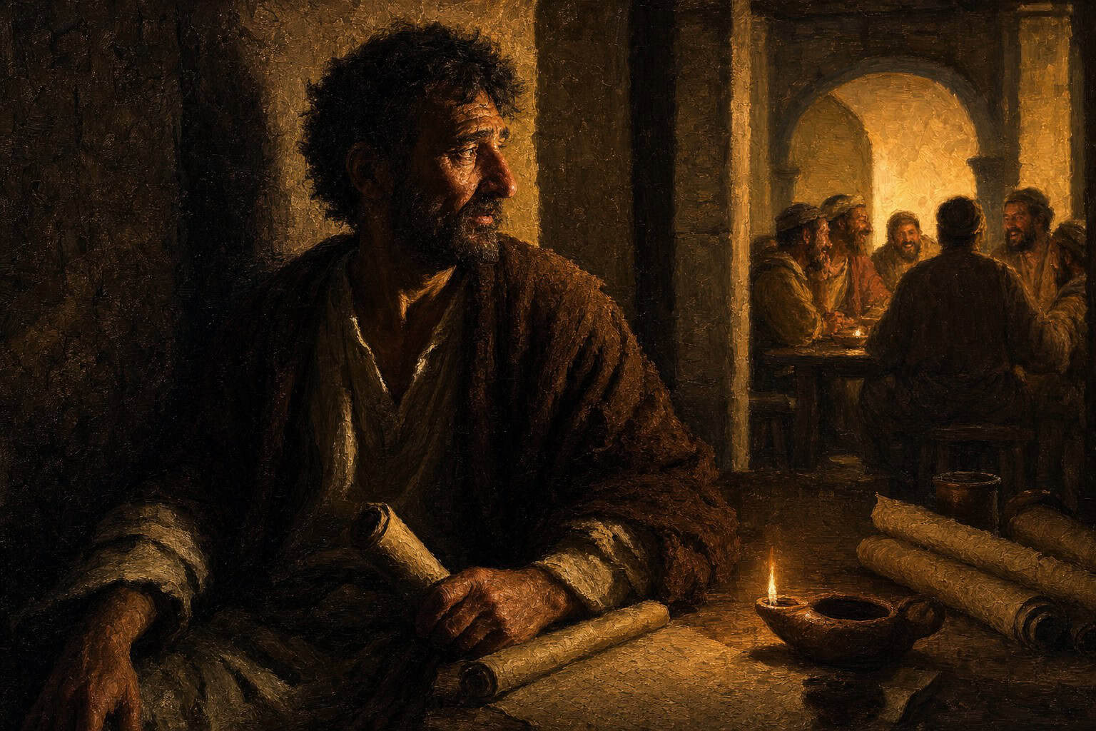 A solitary teenager in a house of study a stone colonnade, face composed and blank