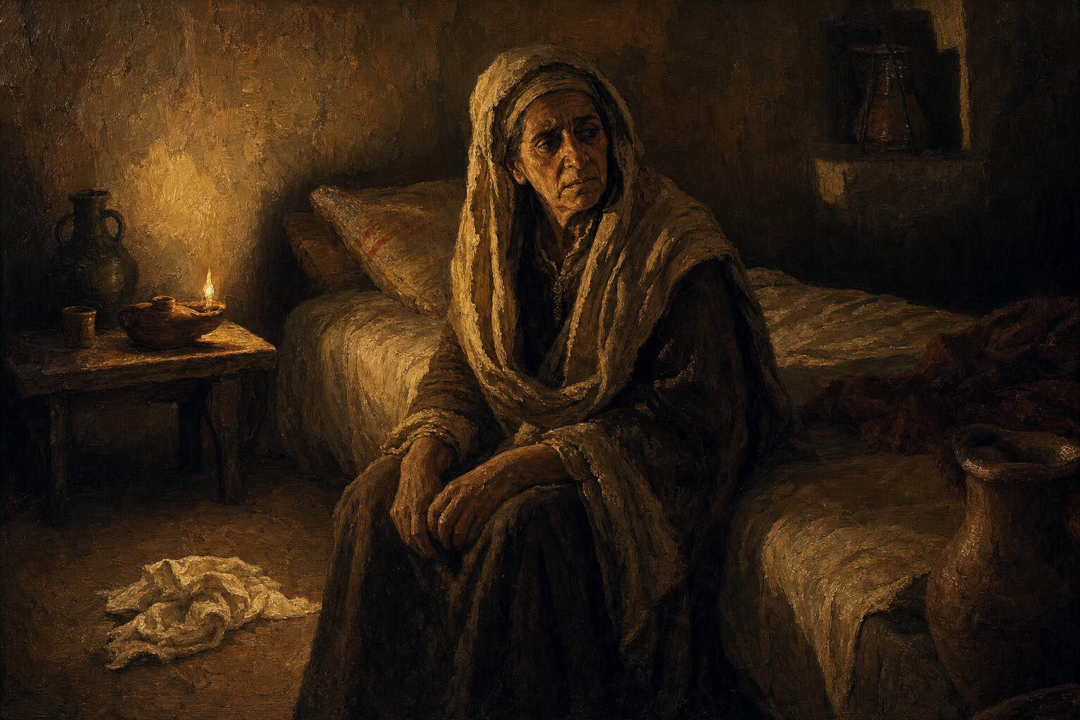 A dim sleeping chamber at night, a rumpled bed, a dropped handkerchief on the floor catching faint light