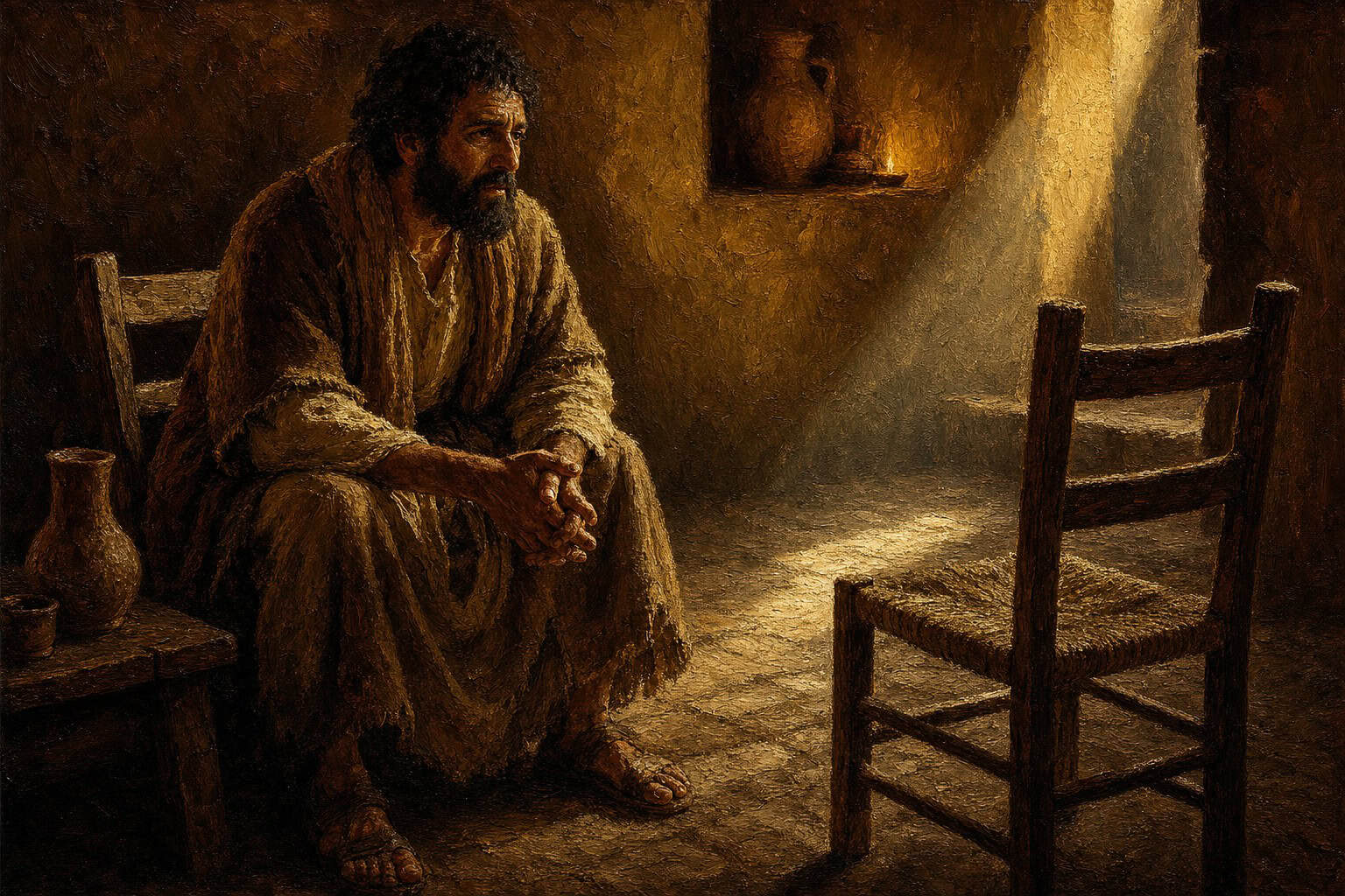 A single worn wooden chair facing an empty second chair in a dim room, one shaft of grey light across the floor