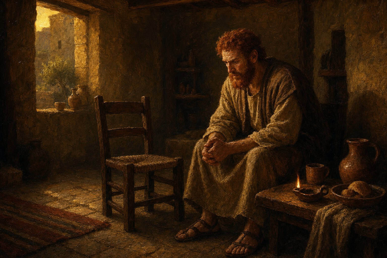 An empty chair beside an occupied one in a dim room, late afternoon light, a small figure sitting in vigil