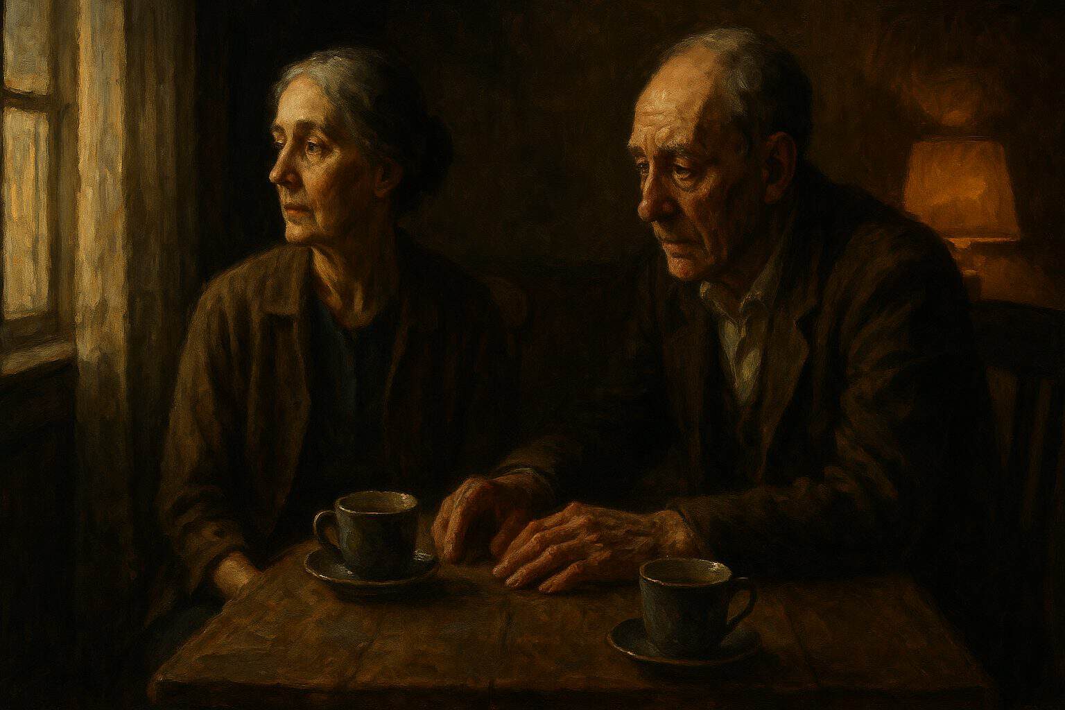 Elderly man watches his wife gaze away, her eyes distant, his hand half-reaching in quiet grief