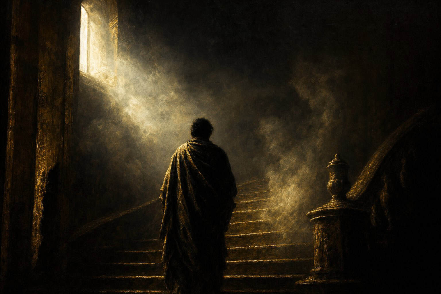 figure alone on stairs with smoke rising into darkness — Confessions to the Empty Chair by Anthony Adore