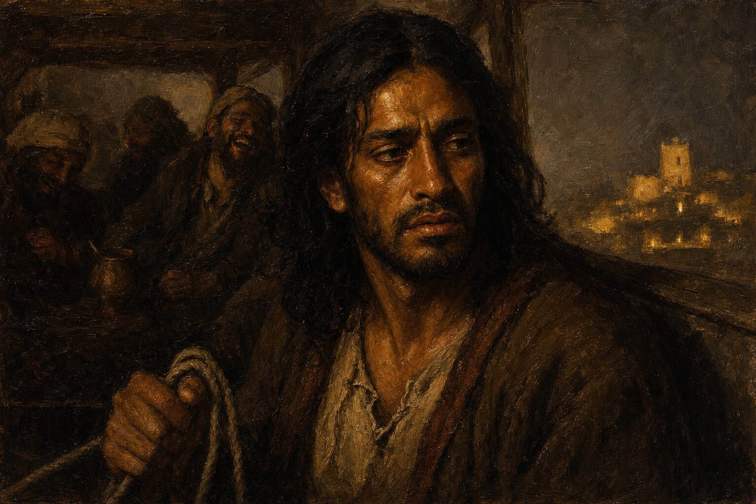 A single clear-eyed man holding the reins of a dim cart at night, city lights blurred through fogged glass