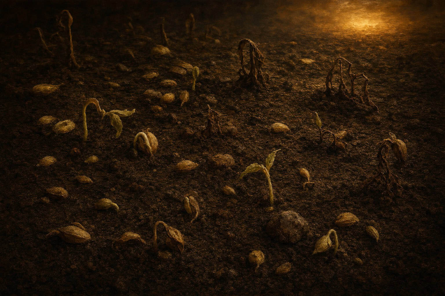 bare earth with scattered seeds, some sprouting, some withered — Fractions of the Soul by Anthony Adore