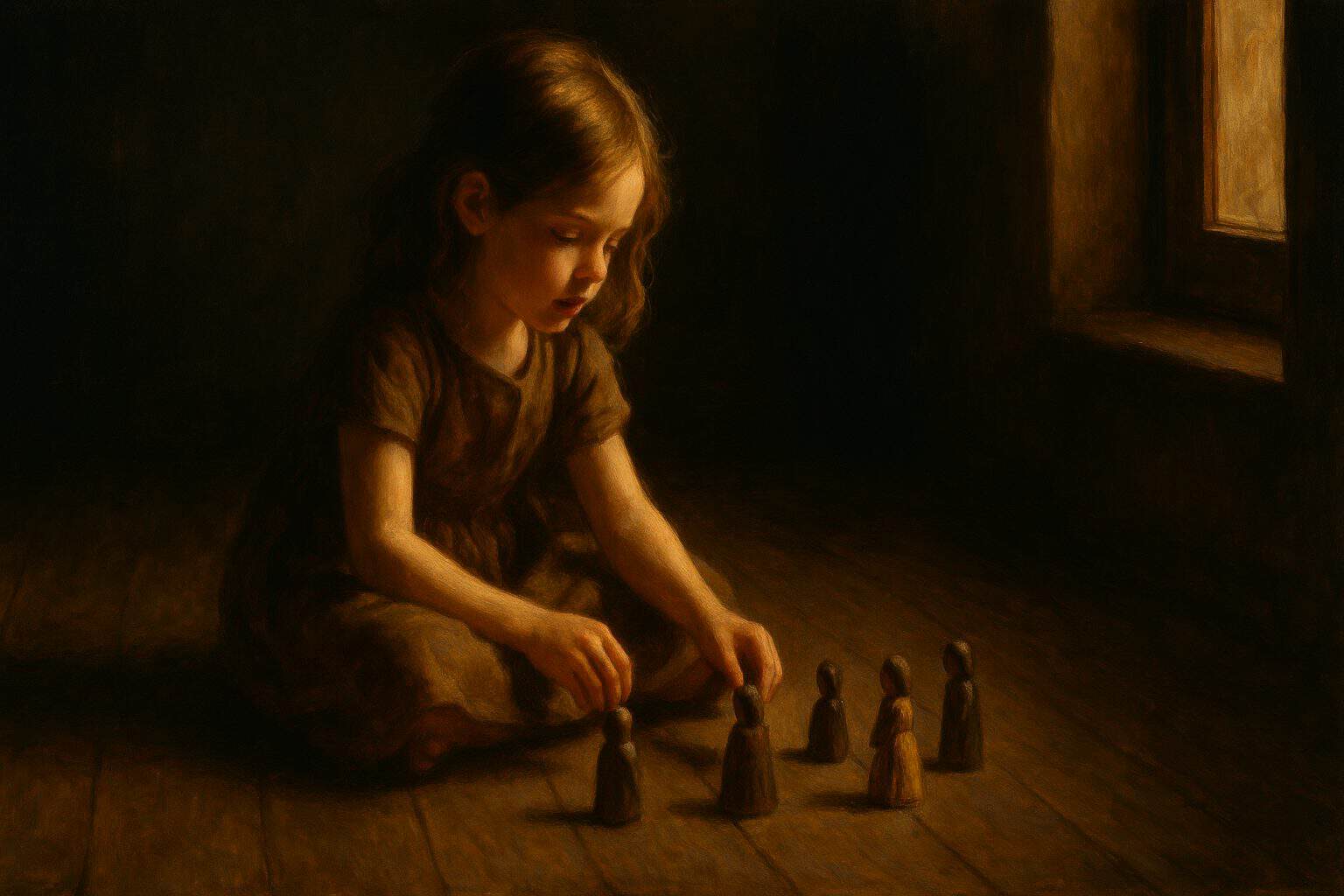 A young girl arranging small dolls in warm slanting light, absorbed in a serene, open solitude