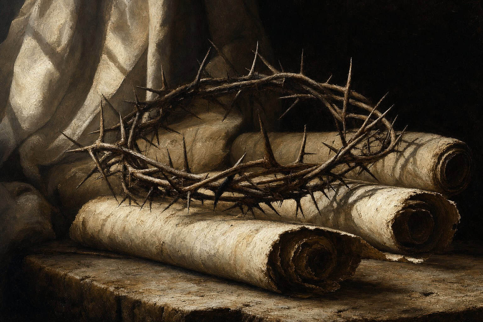 A crown made of thorns resting on ancient scrolls — Confessions to the Empty Chair by Anthony Adore