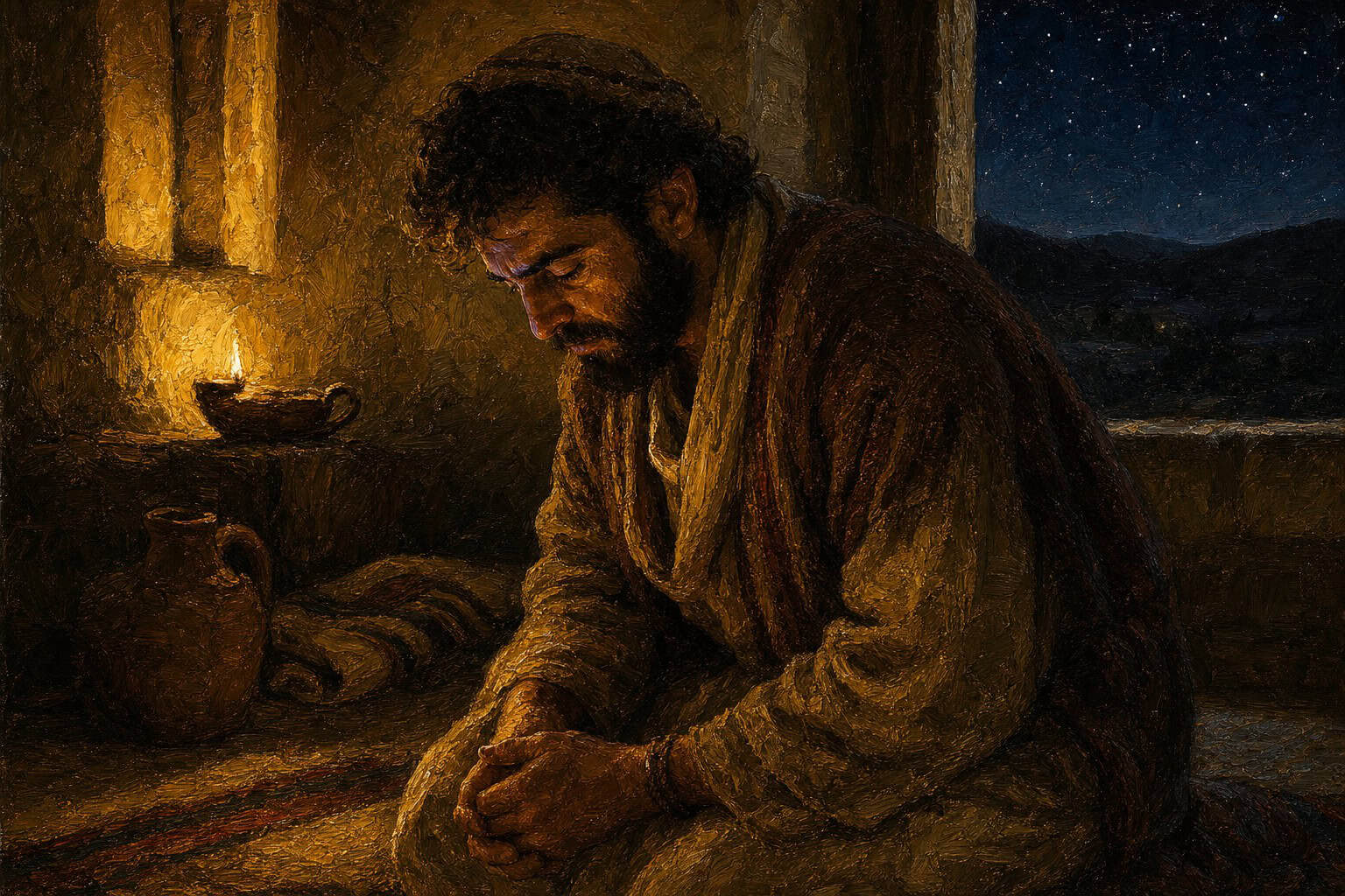 A man kneeling alone in a dark chapel, a sudden violet-blue flash across his bowed face
