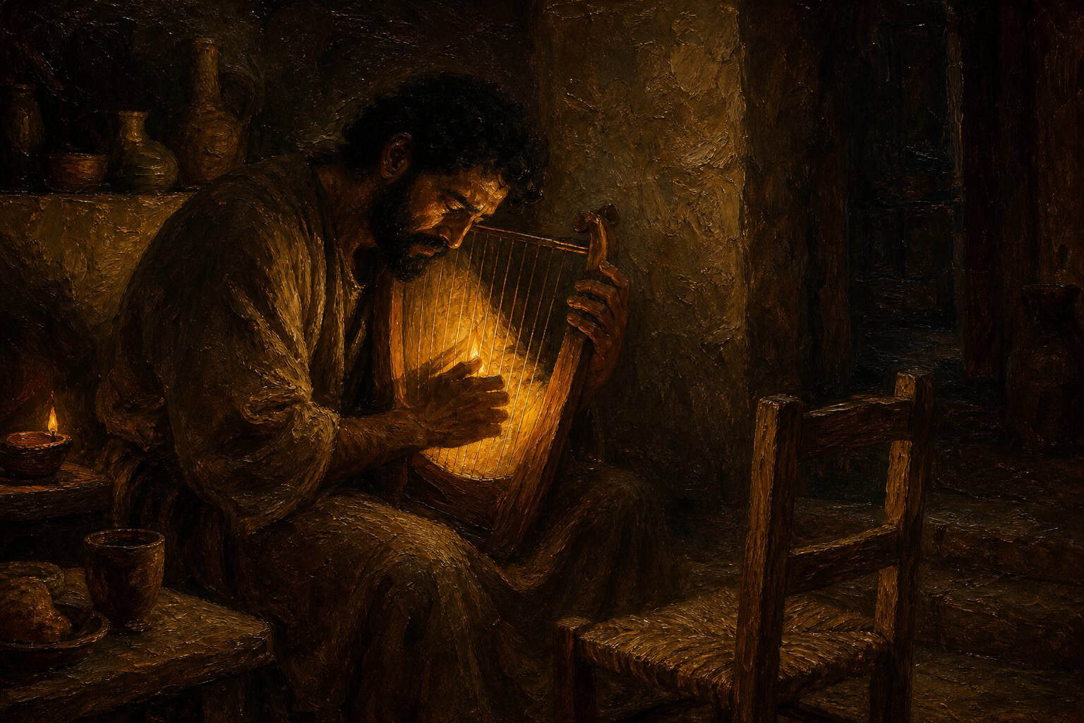 A middle-aged man alone in a dim room at night, lit only by the glow of a lyre, head bowed, an empty chair facing him