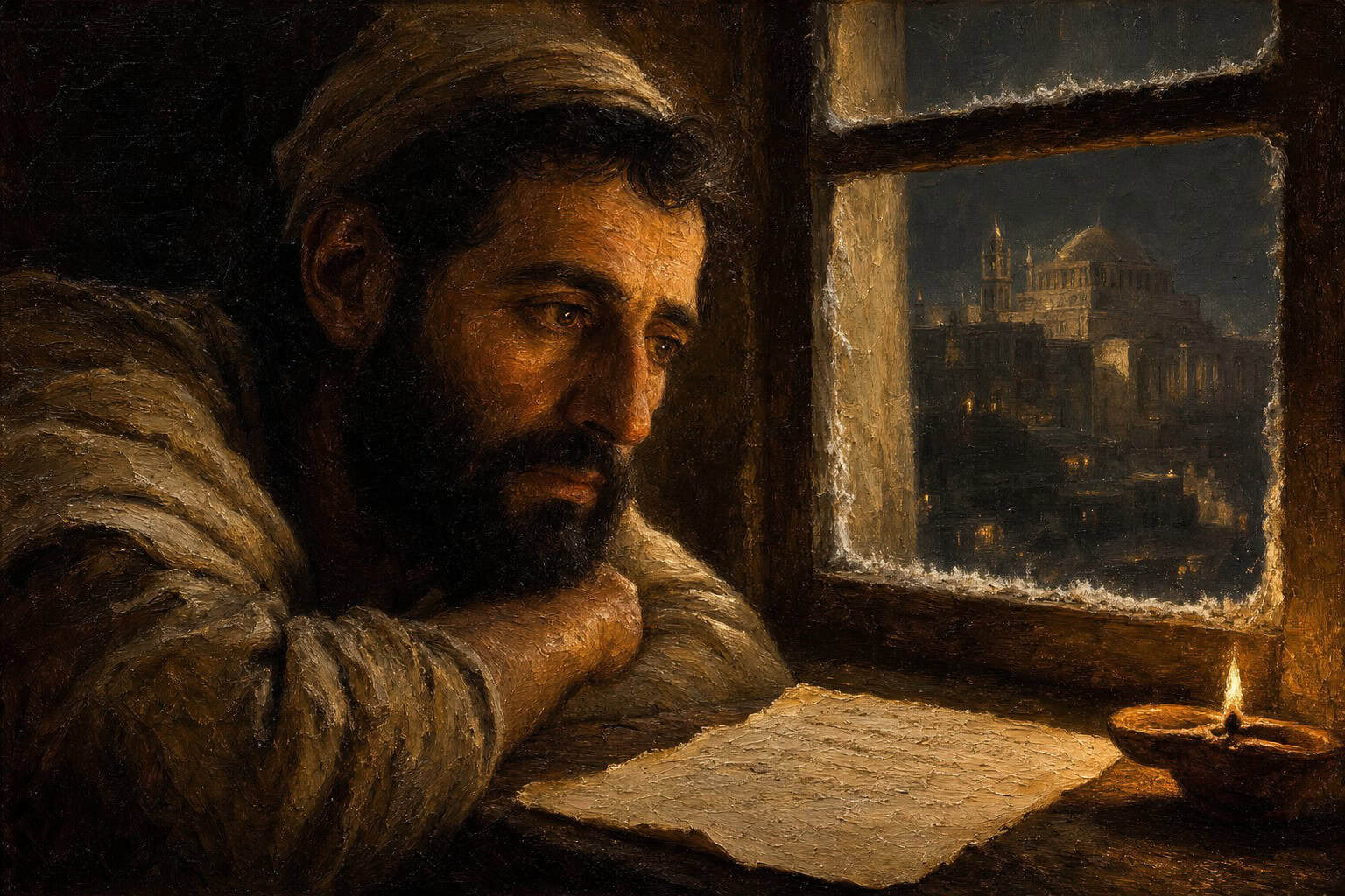 A handwritten poem resting on a dim windowsill, frost creeping at the edges of the glass