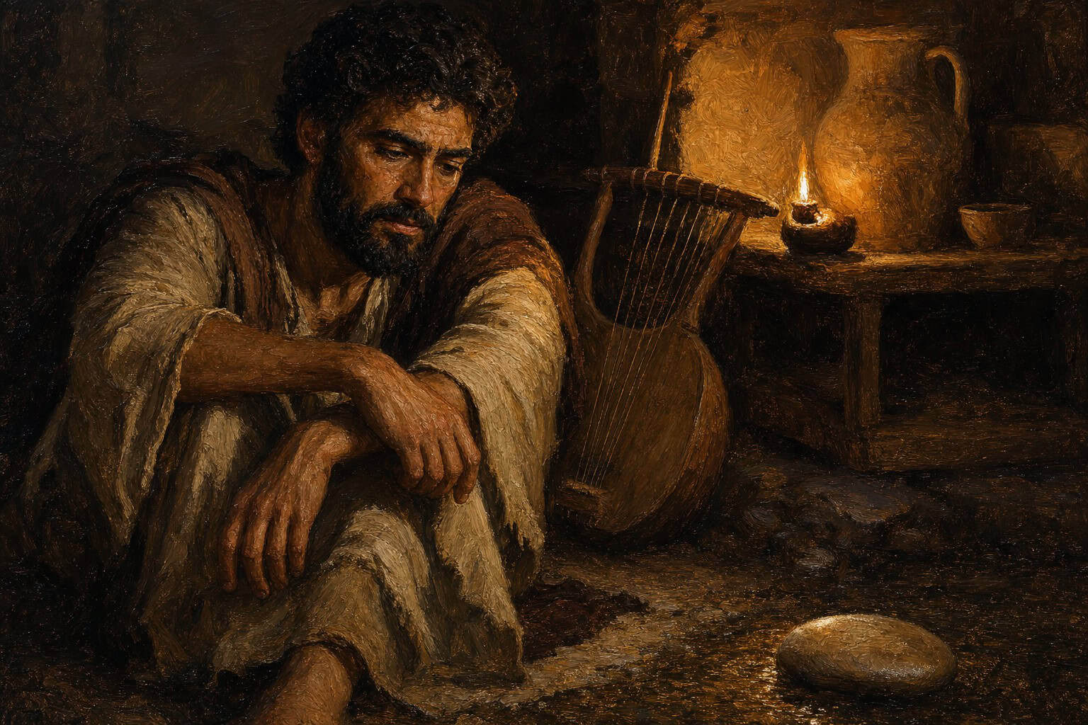 A grown man sitting alone on the floor beside an old lyre, dim lamplight