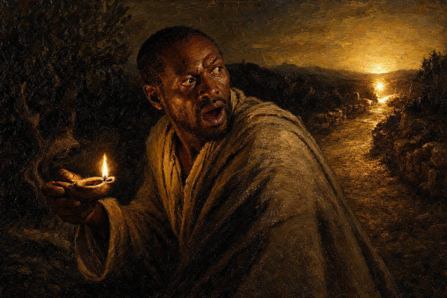 A lone traveler at night, face lit by a small clay lamp glow, mouth open mid-cry, the road ahead streaked with passing light