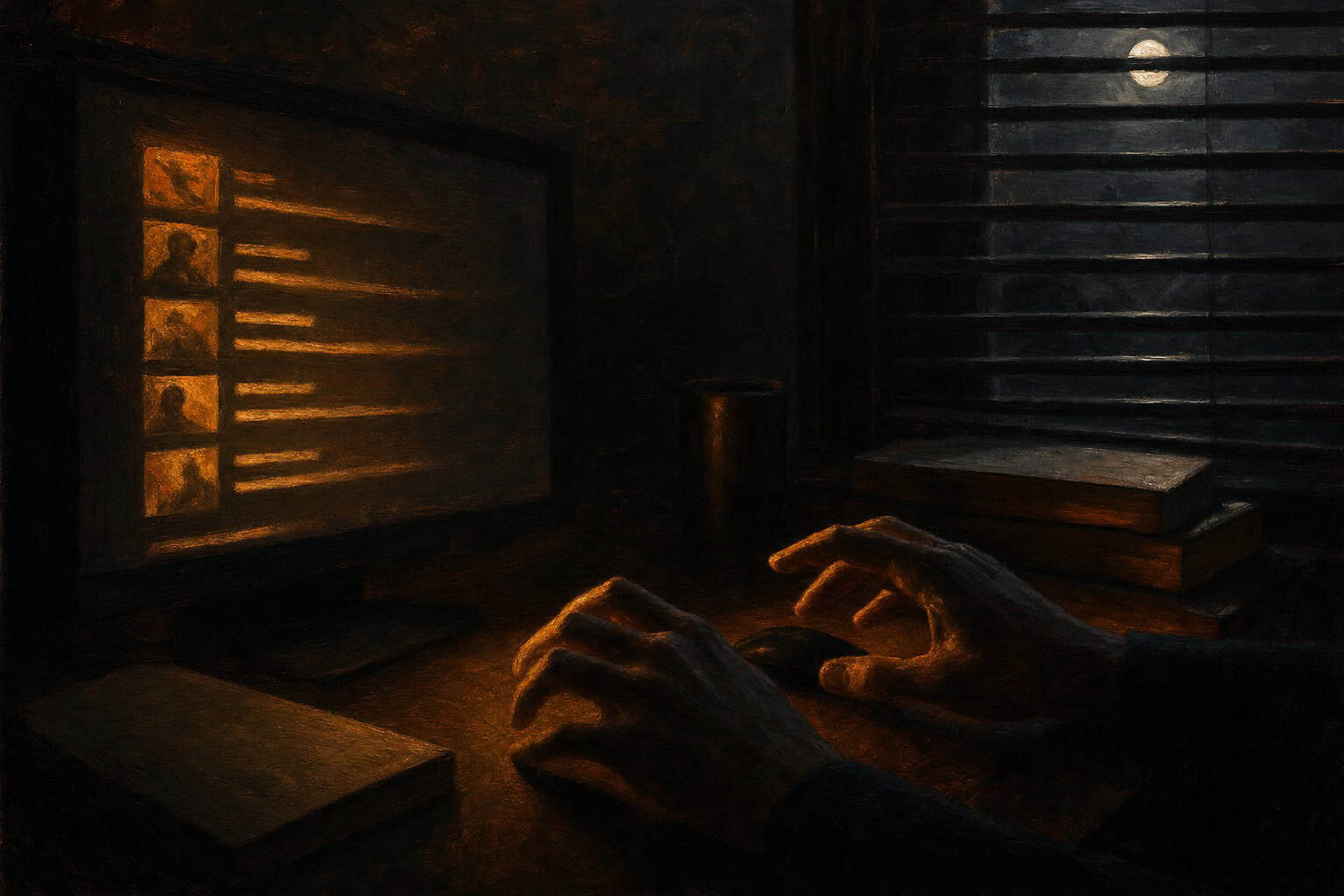 computer screen glowing in darkness, playlist titles reflected in a pair of hands hovering uncertainly over a — Confessions to the Empty Chair by Anthony Adore