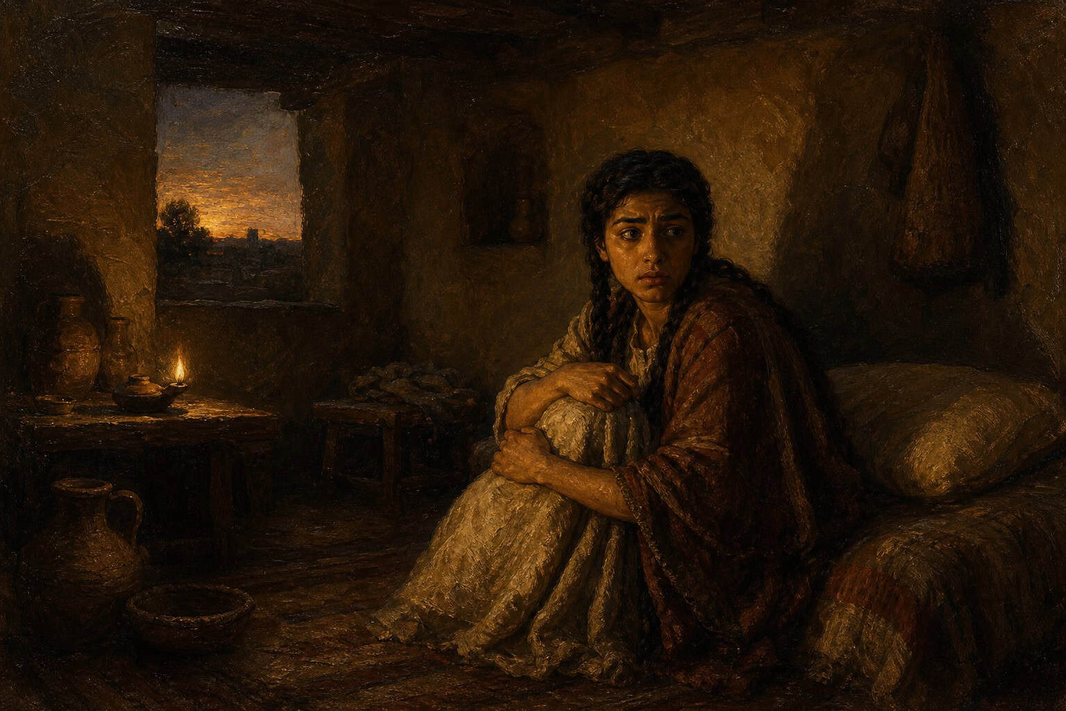 A small child alone in a dim sleeping chamber at dusk, the air faintly wrong