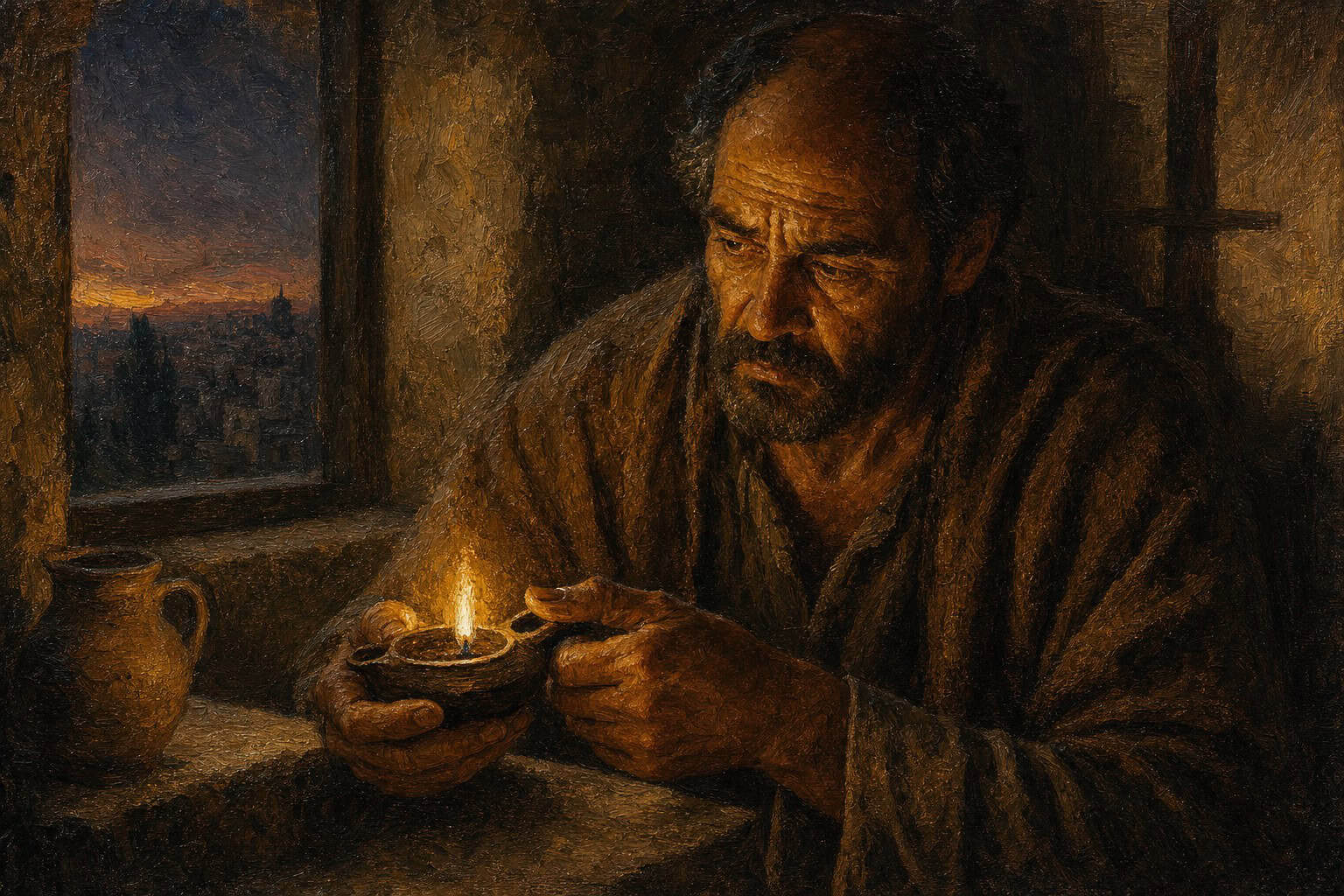 A solitary figure behind the reins of a low stone chamber at dusk, green a small clay lamp glow on white knuckles