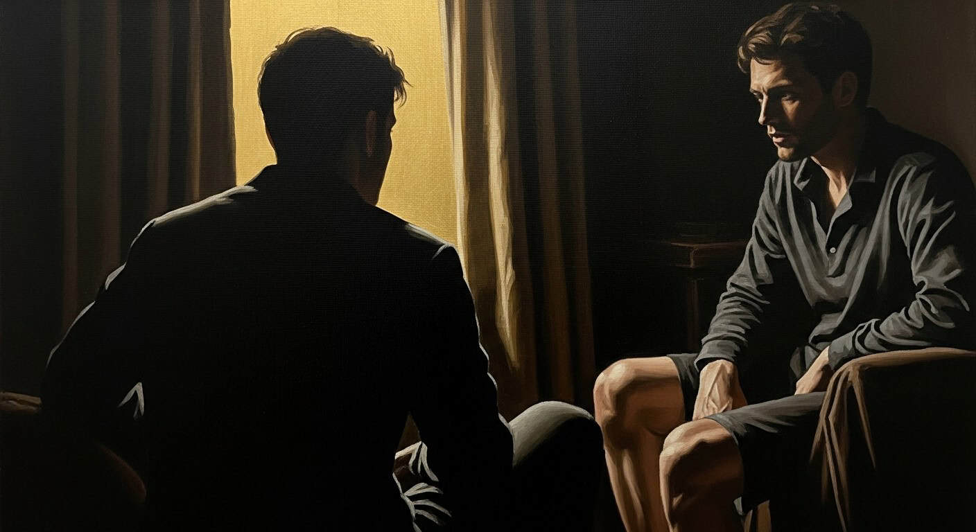 a close interior with two men facing each other, one seated in shadow, the other half-lit, a narrow triangle — Confessions to the Empty Chair by Anthony Adore