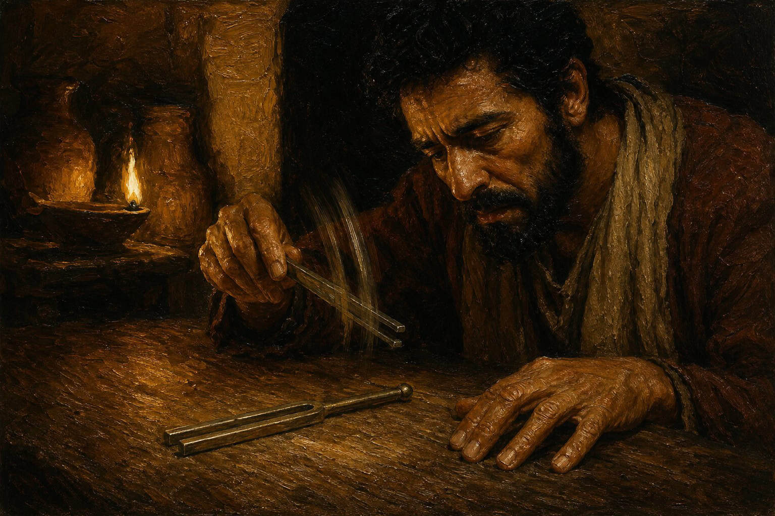 Two tuning forks on a bare wooden table, one struck and blurred with motion, the other still