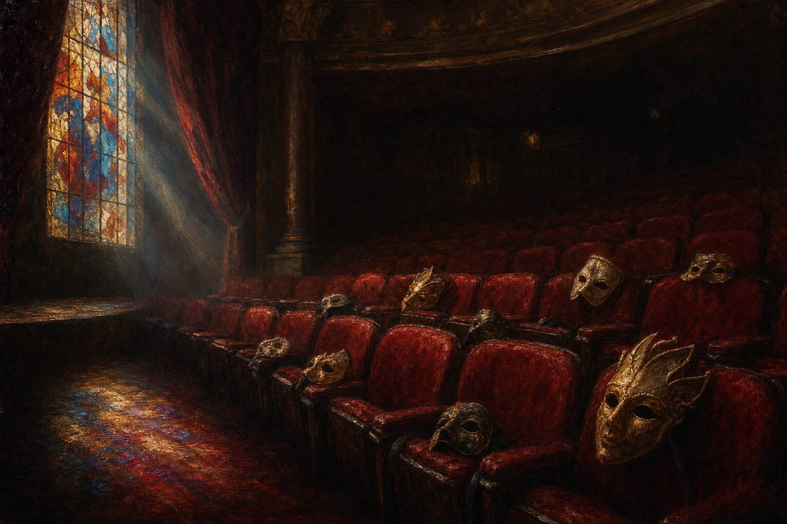 A dimly lit interior with stone steps, red draped fabric, ancient masks on the walls, and a candle on a small table.