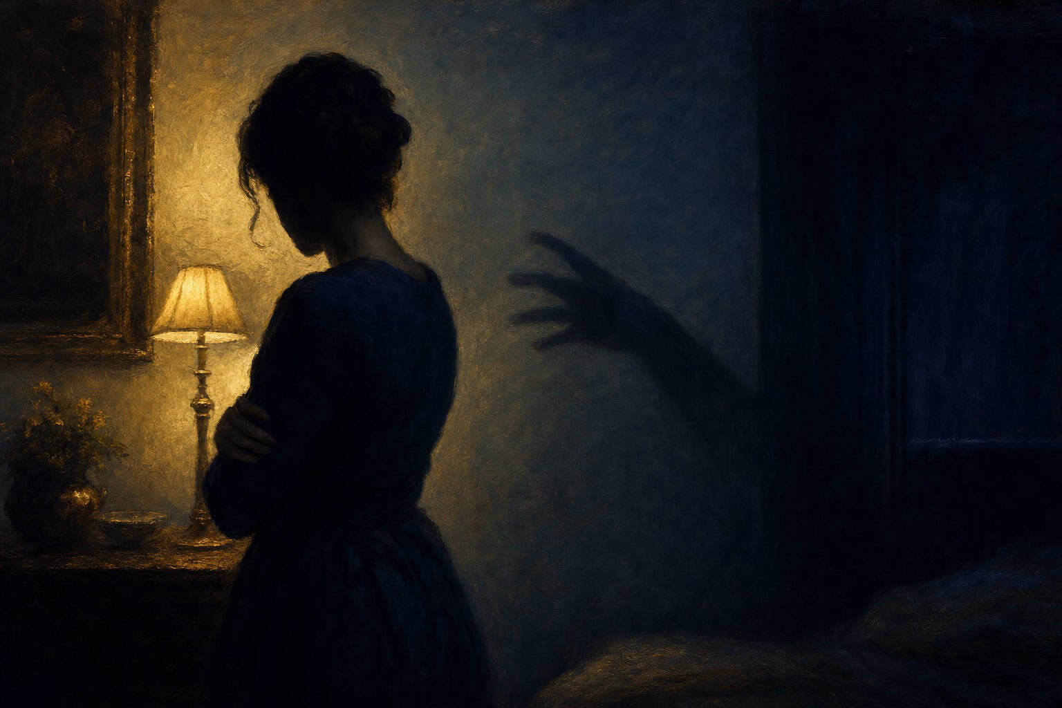 A young woman in a simple gray dress stands by a glowing candle, casting a soft shadow against a warm, rustic wall.