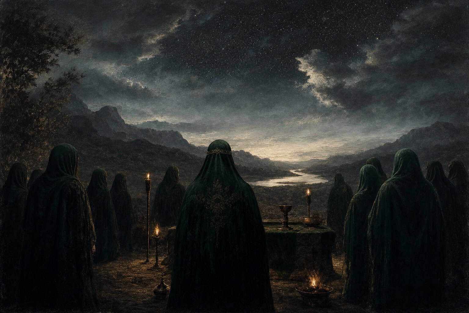 Night sky over a ceremony, stars as ancient witnesses — Confessions to the Empty Chair by Anthony Adore