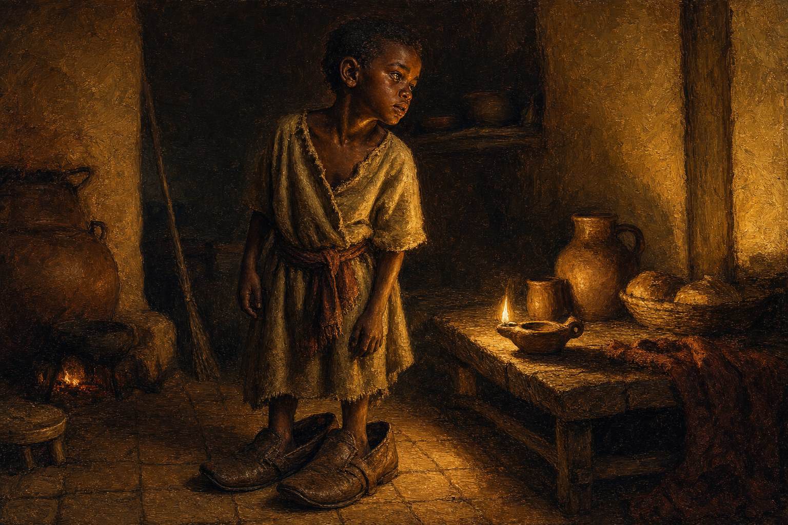 A child's small bare feet inside an adult's oversized leather shoes on kitchen tile, lit by a single low lamp at night