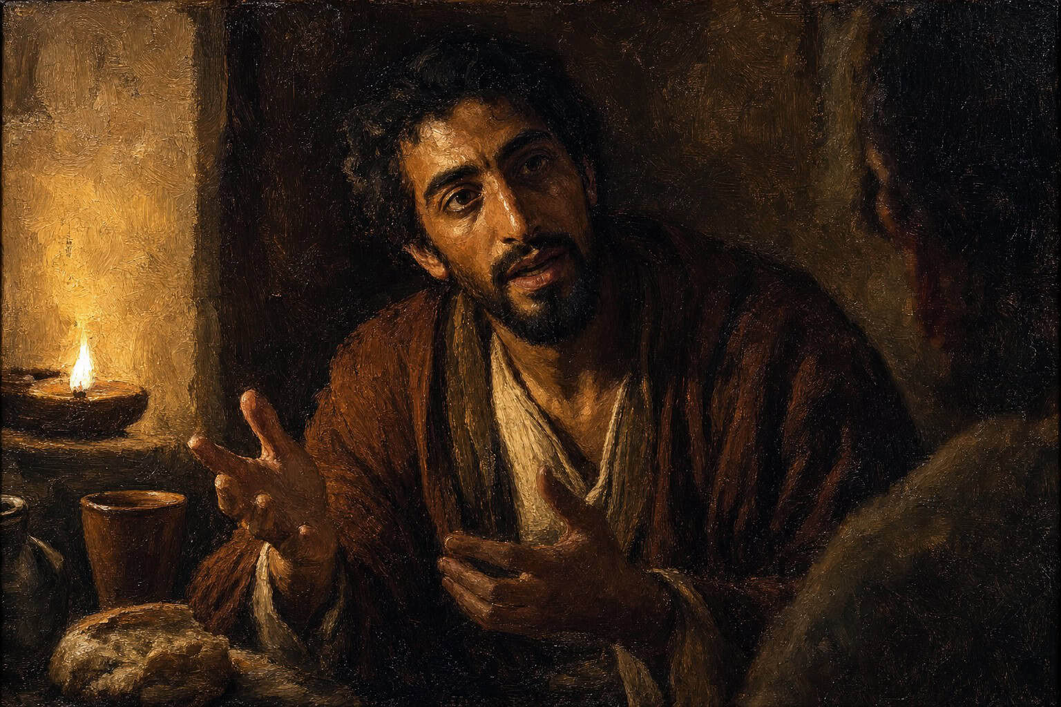 A single figure seated at a dim table, half-turned toward an unseen listener, mouth just parting to speak