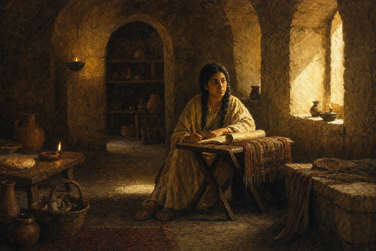 A lone boy on a folding chair in an empty house of study a stone hall, warm light falling through high windows