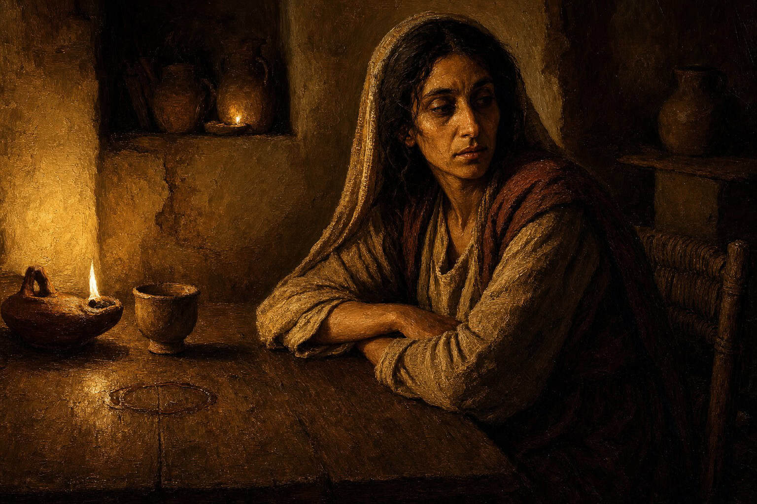 A dim table for two, low lamplight, a glass leaving a wet ring on dark wood