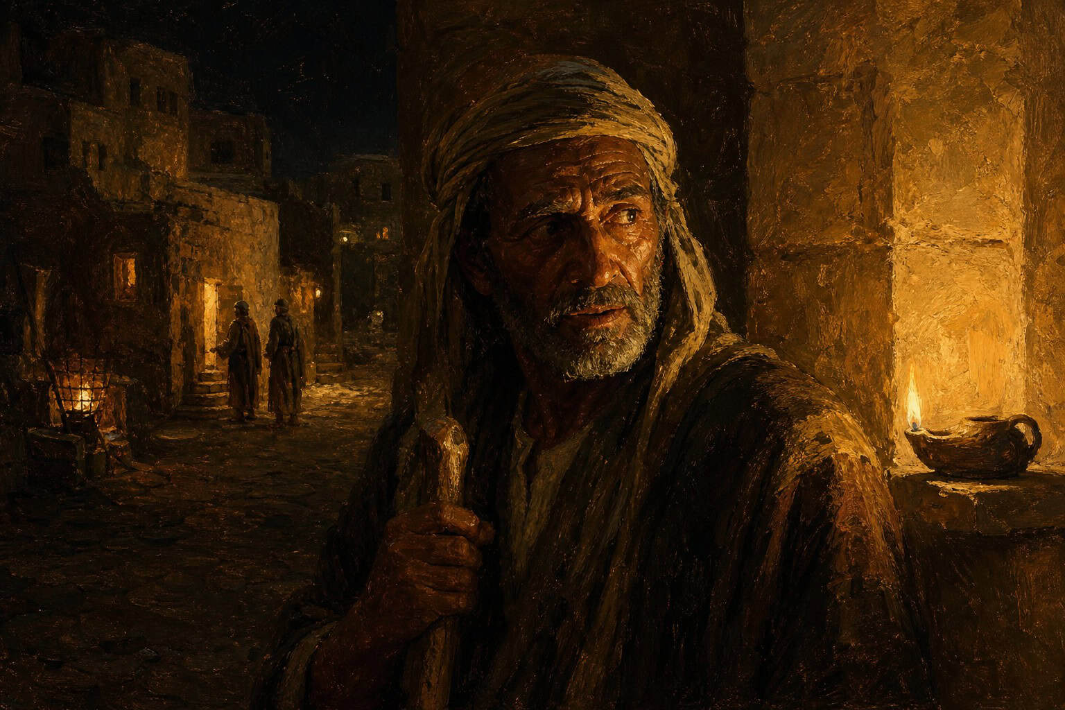 A lamplit night street holding the faint double outline of a single figure, one half in shadow, one half in warm light