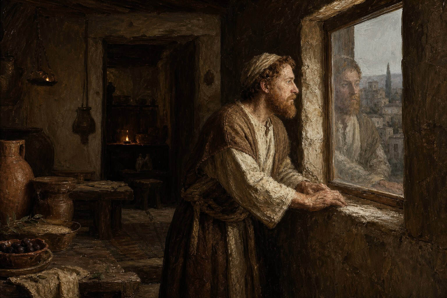 A single figure at a kitchen window in grey morning light, one clear reflection in the glass