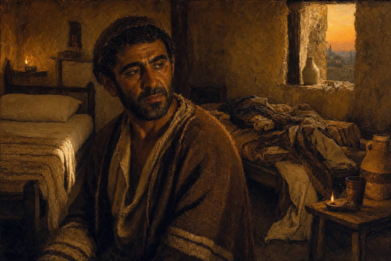 A cramped dormitory room at dusk, two beds, one meticulously clean and one disordered, humid light through a single window
