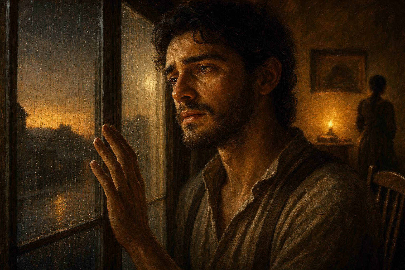 A man gazes thoughtfully out a window, illuminated by a warm sunset, with a shadowy figure in the background.
