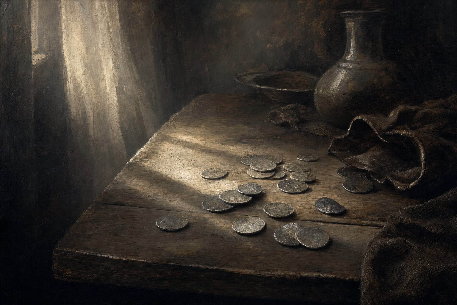 a handful of tarnished coins scattered across a wooden table under a single overhead light — Confessions to the Empty Chair by Anthony Adore