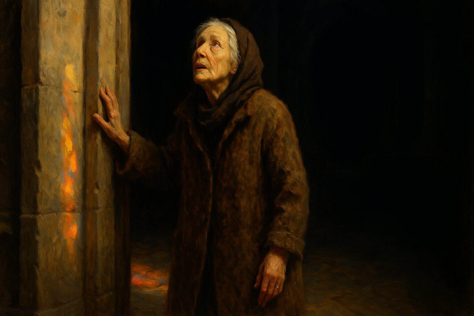 Elderly woman pausing awestruck at a church threshold as colored light falls across stone floor