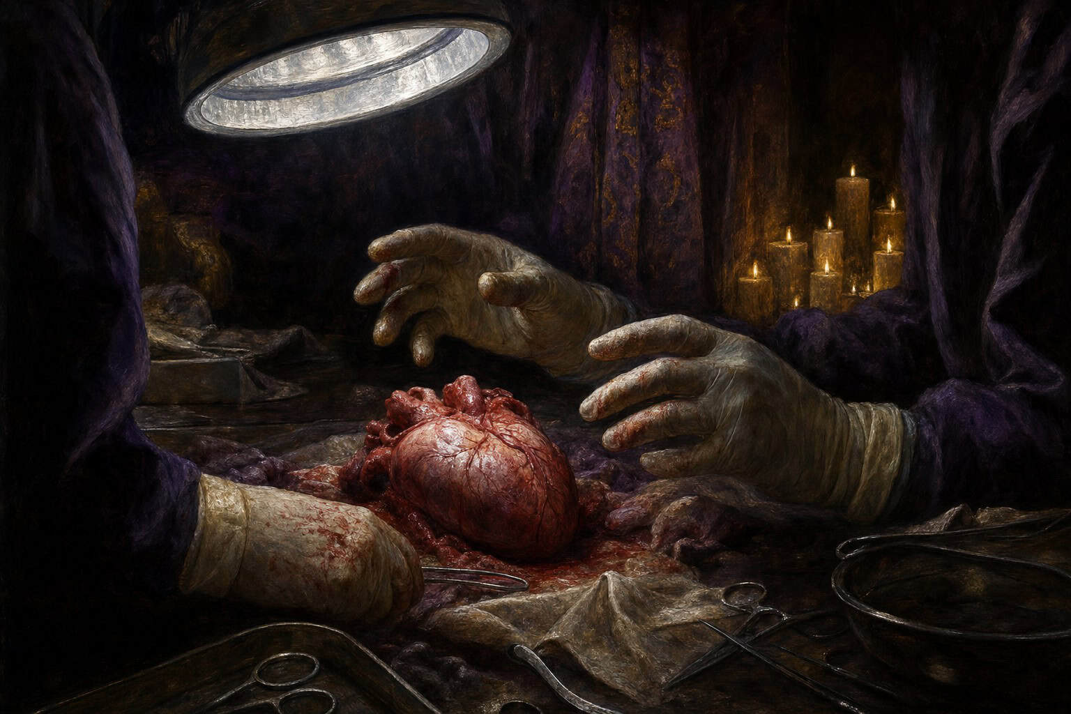 a stark surgical table under fluorescent light, an exposed heart pulsing while gloved hands hesitate above it — Confessions to the Empty Chair by Anthony Adore