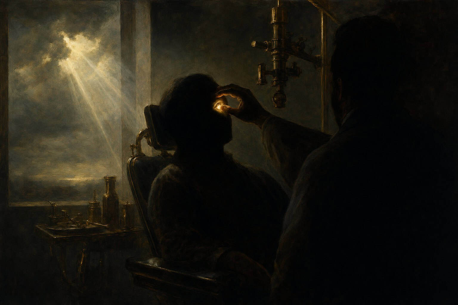 A man gently touches the face of a boy sitting in a dimly lit room, with a figure observing in the background.