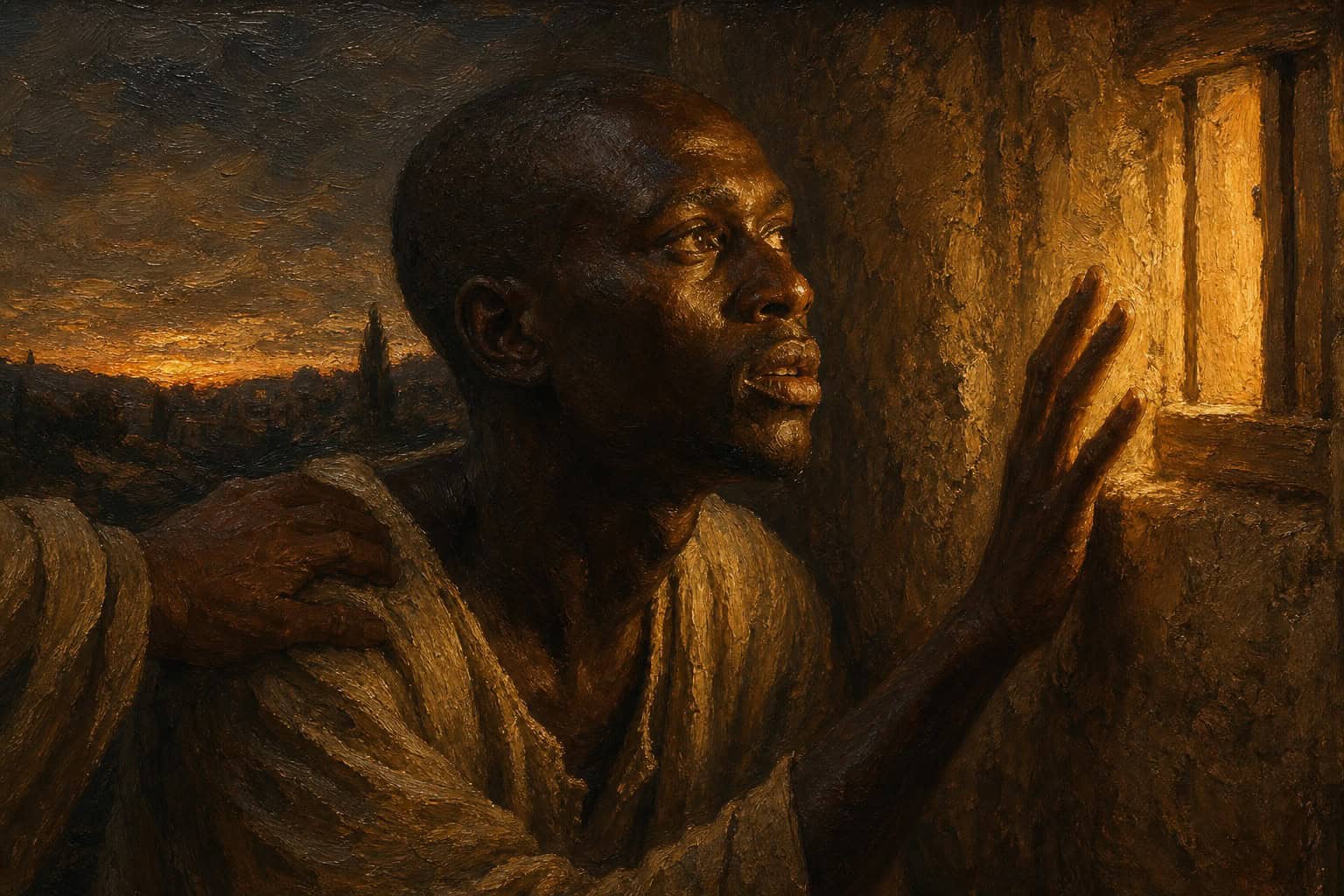 A young man silhouetted at dusk, reaching toward a lit window that stays shut