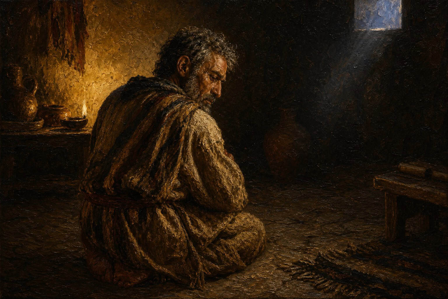 A man kneeling alone on a dark chapel floor, a single violet-blue flash of light breaking through the black, seen from behind