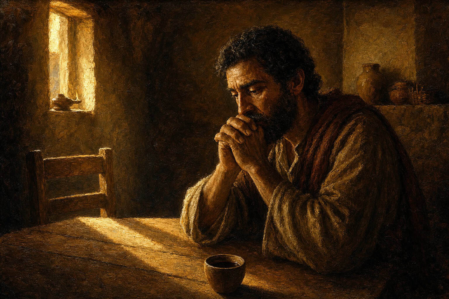 A single dim cup of coffee on a bare kitchen table, morning light slanting across an empty second chair.